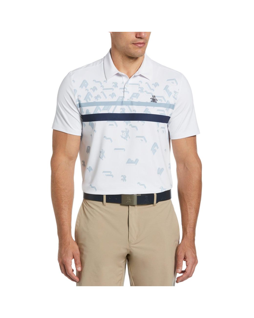 Original Penguin Got Game Engineered Stripe Printed Golf Polo Shirt In Bright White for men