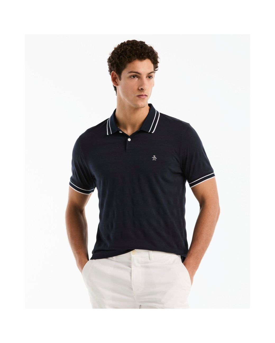 Original Penguin Black Textured Stripe Tipped Polo Shirt In Dark Sapphire for men