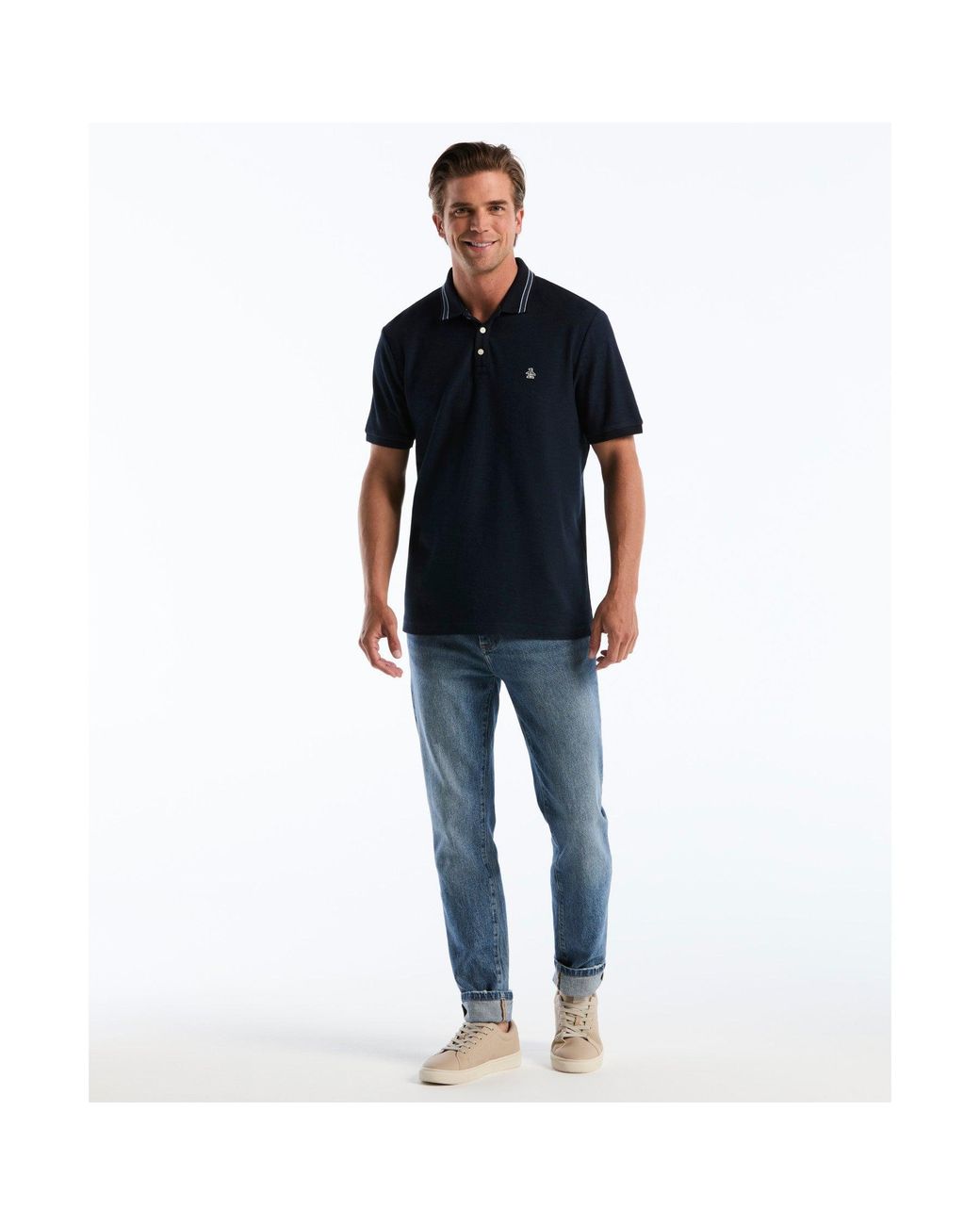 Original Penguin Blue Honeycomb Jacquard Tipped Polo In Dark Sapphire for men