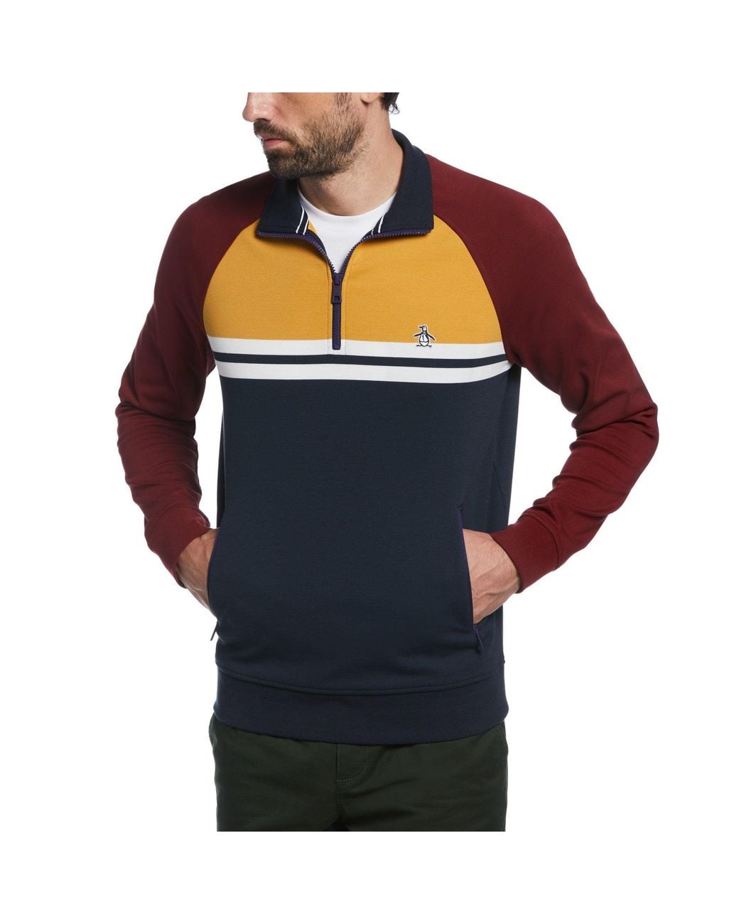 Original Penguin Blue Colour Block Quarter Zip Sweatshirt In Dark Sapphire for men