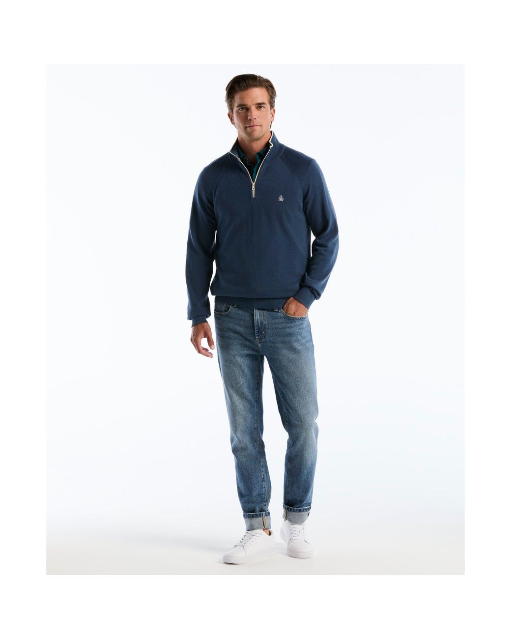 Original Penguin Blue Cotton Textured Quarter Zip Sweater In Sargasso Sea for men