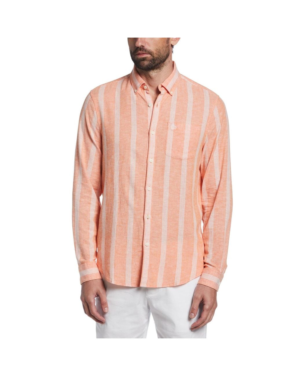 Original Penguin Pink Linen Ecoverotm Blend Stripe Shirt for men