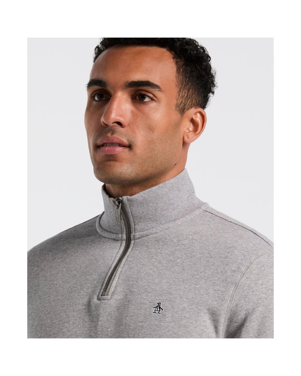 Original Penguin Gray Sticker Pete Quarter Zip Sweatshirt In Rain Heather for men