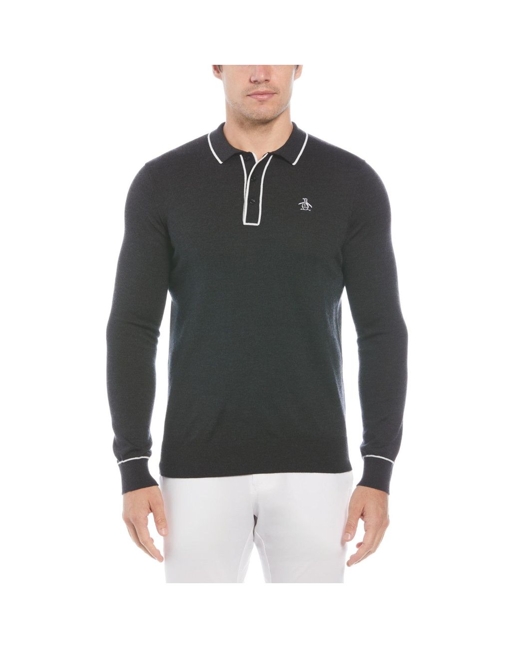Original Penguin Black The Earl Merino Wool Blend Golf Sweater In Dark Caviar Heather for men