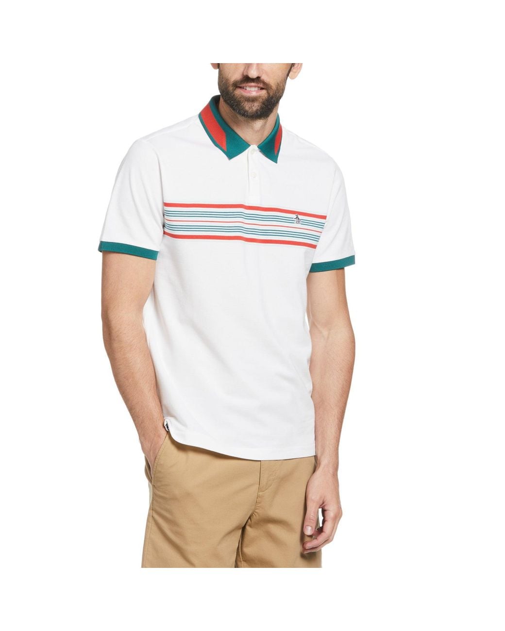 Original Penguin Chest Stripe Short Sleeve Polo Shirt In Bright White for men