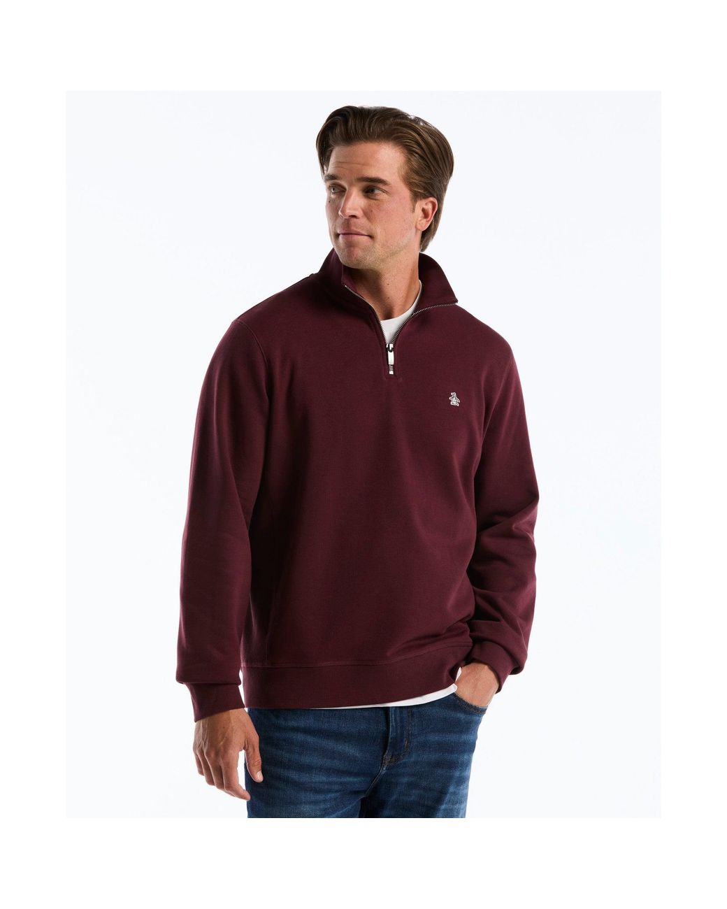Original Penguin Red Sticker Pete Quarter Zip Sweatshirt In Port Royale for men