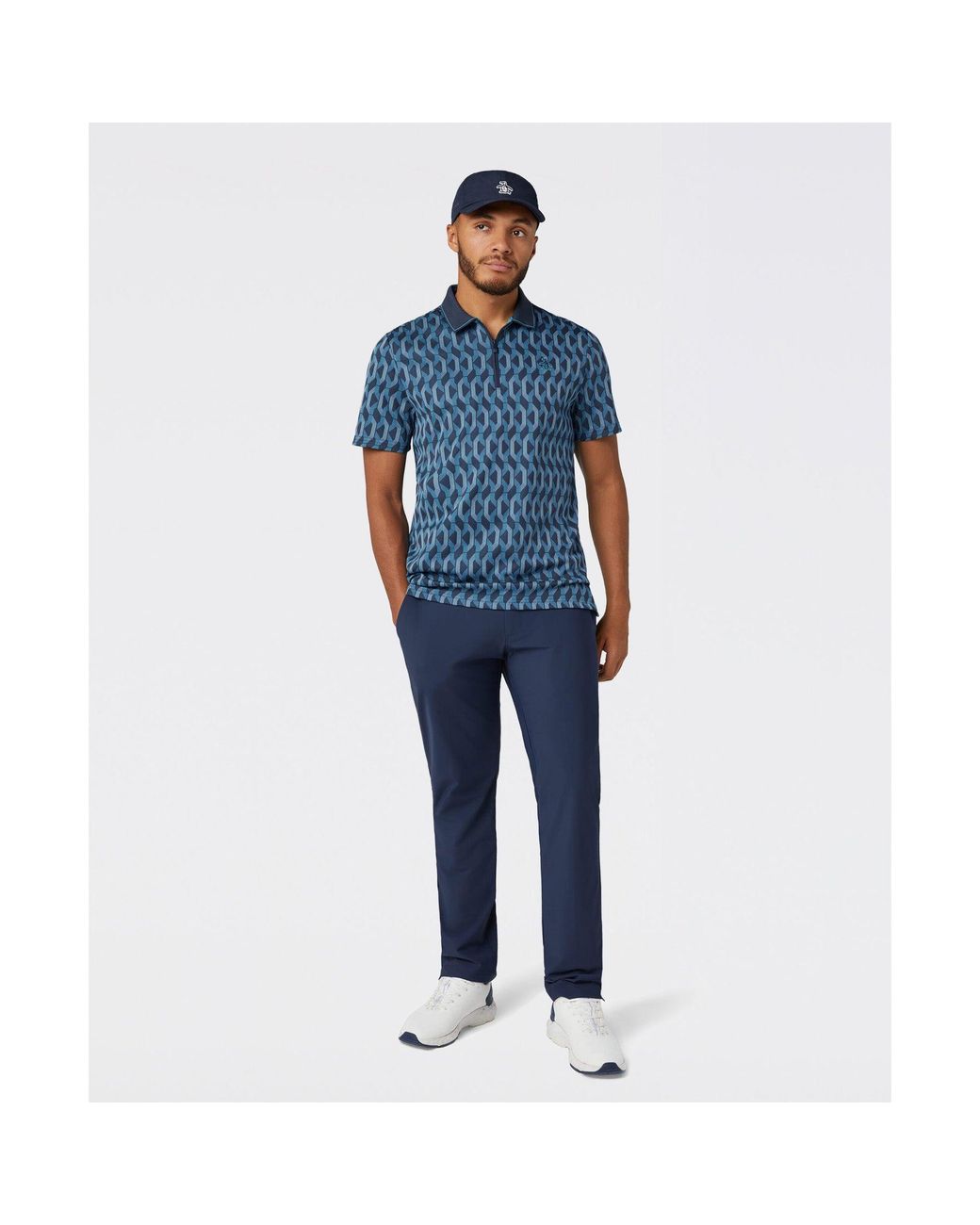Original Penguin Blue Heritage Jacquard Colour Block Golf Polo In Black Iris for men