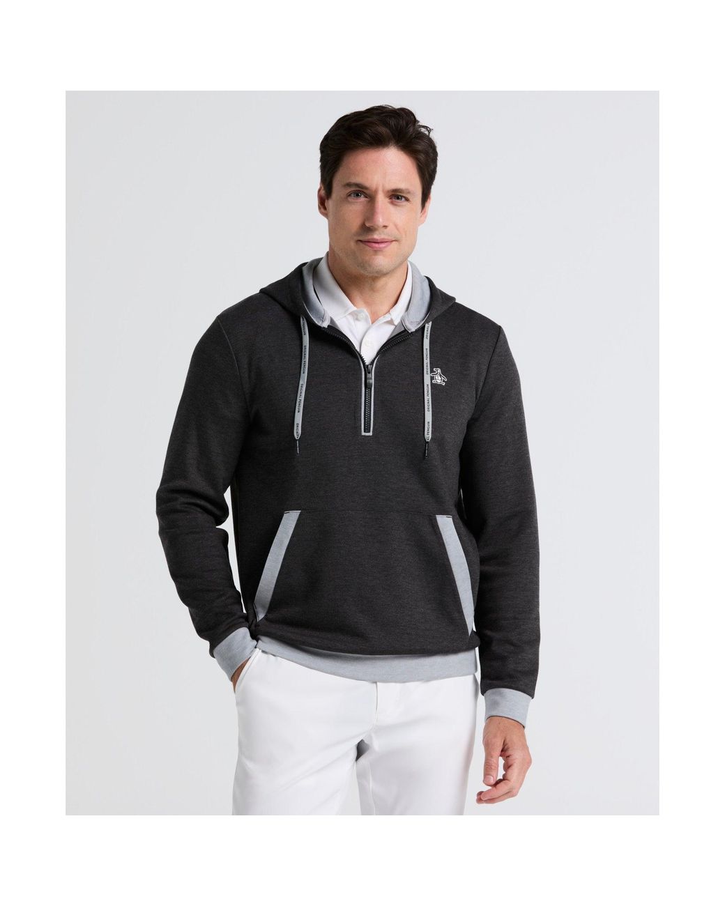 Original Penguin Gray Earl Colour Block Golf Hoodie In Dark Caviar Heather for men
