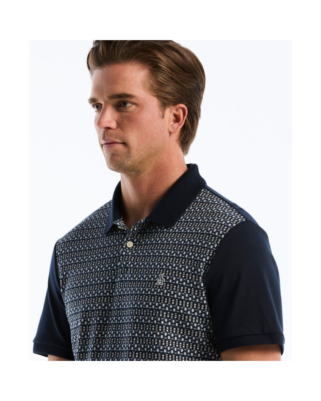 Original Penguin Black Jacquard Front Fairisle Polo In Dark Sapphire for men