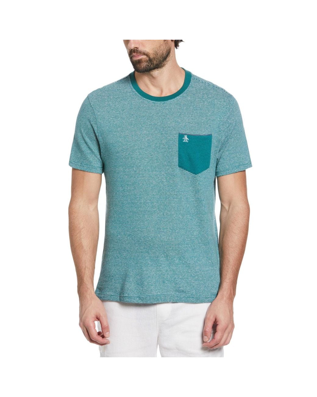 Original Penguin Blue Slim Fit Linen Cotton Stripe T-shirt In Pacific for men