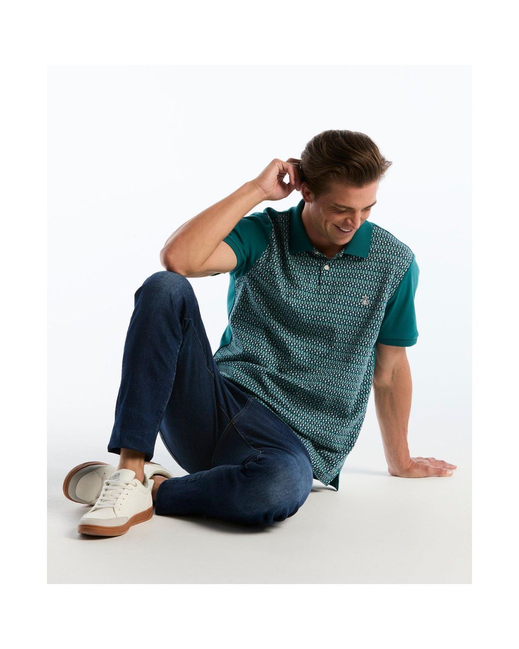 Original Penguin Green Jacquard Front Fairisle Polo In Storm for men