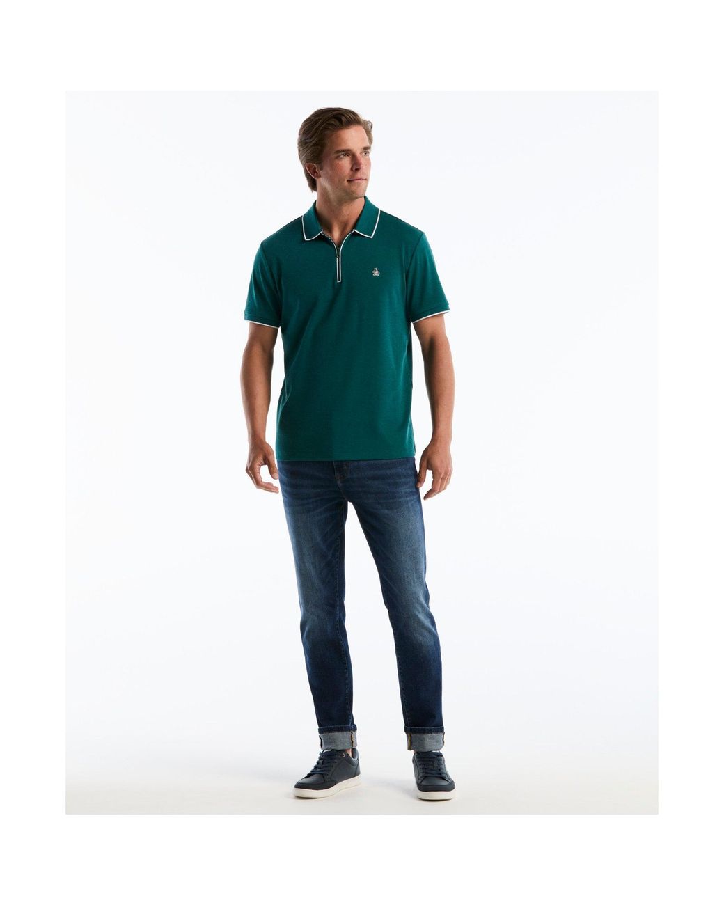 Original Penguin Green Interlock 1/4 Zip Tipped Polo In Storm Heather for men