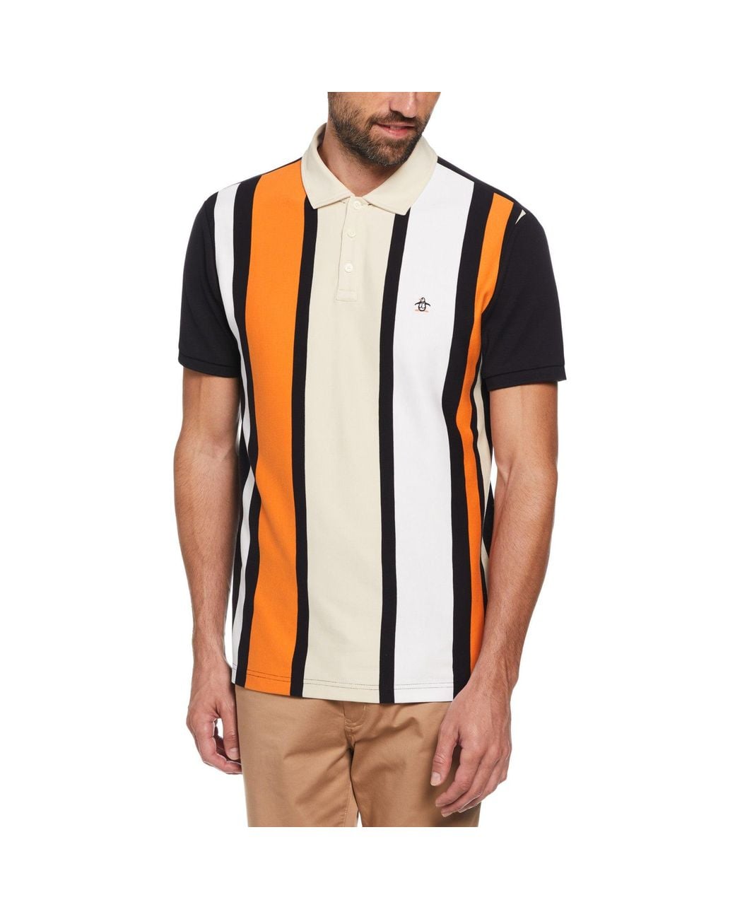 Original Penguin Orange Cotton Interlock Vertical Stripe Polo for men