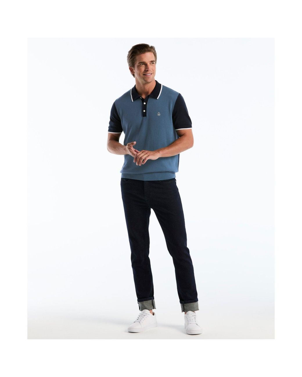 Original Penguin Blue Colourblock Sweater Polo In Dark Sapphire for men