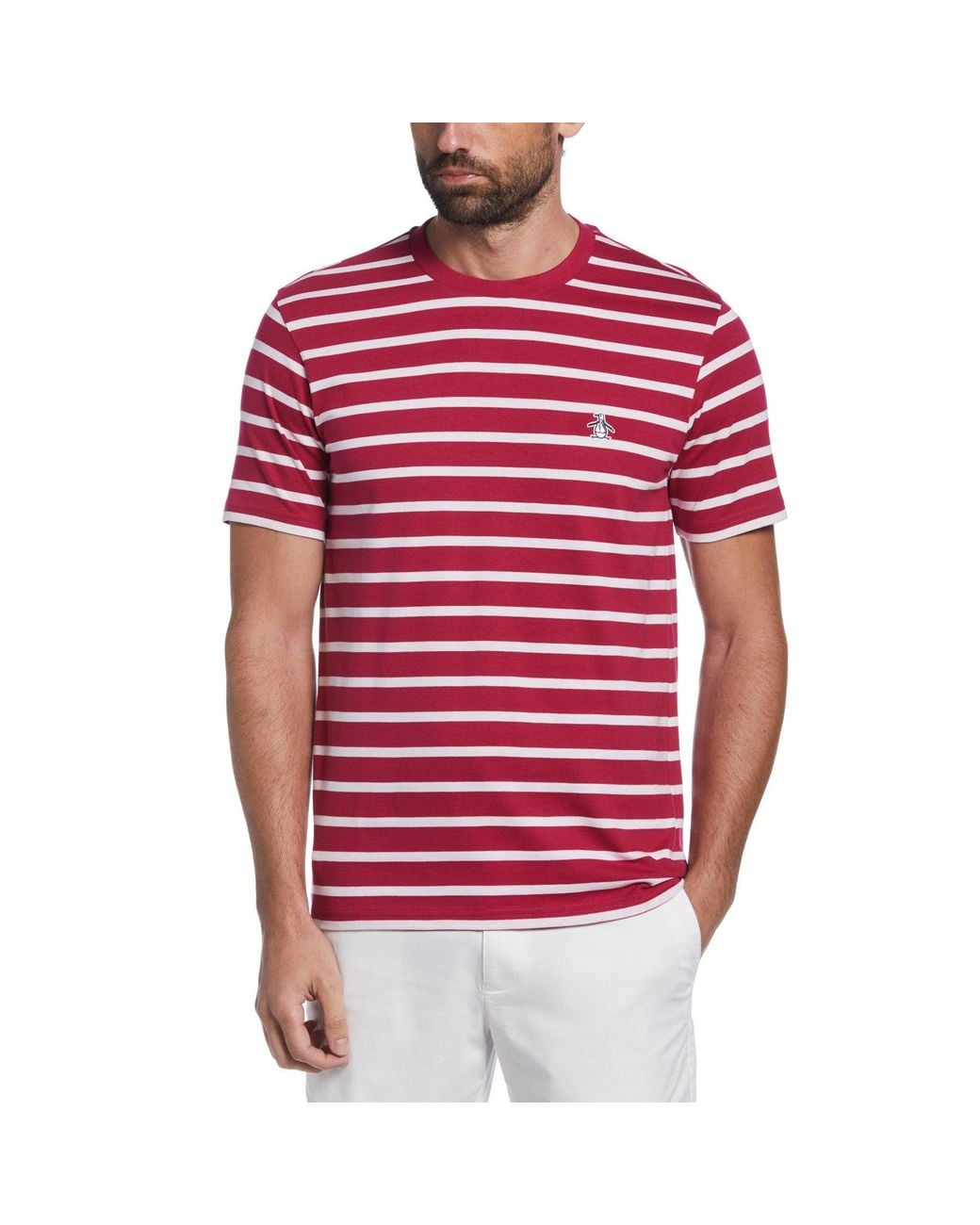 Original Penguin Red Sticker Pete Breton Stripe T-shirt In Sangria for men