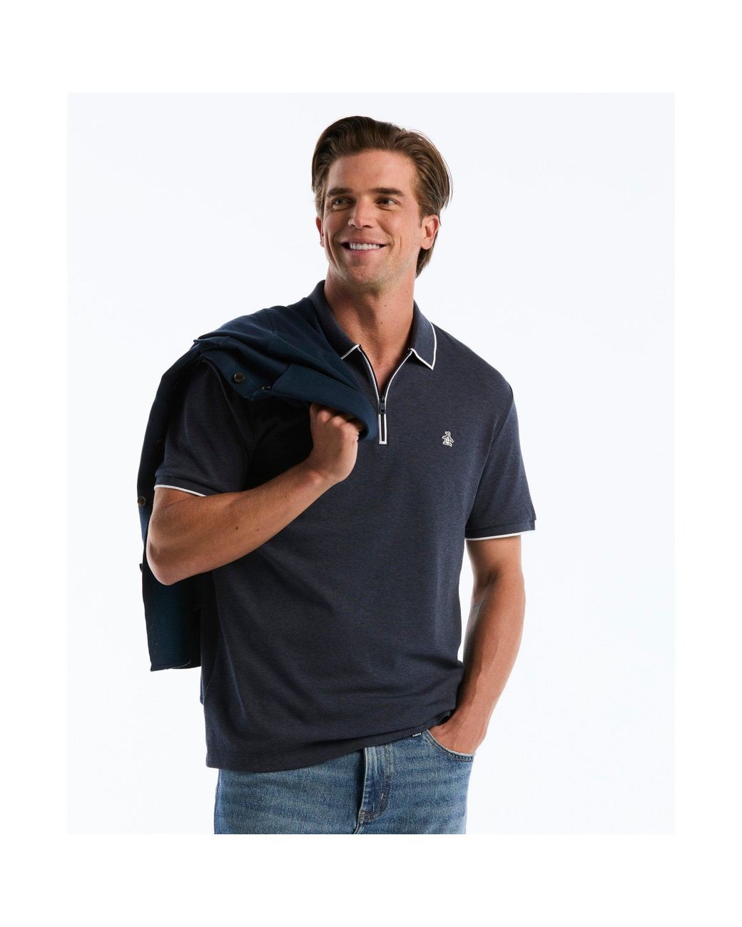 Original Penguin Blue Interlock 1/4 Zip Tipped Polo In Dark Sapphire Heather for men