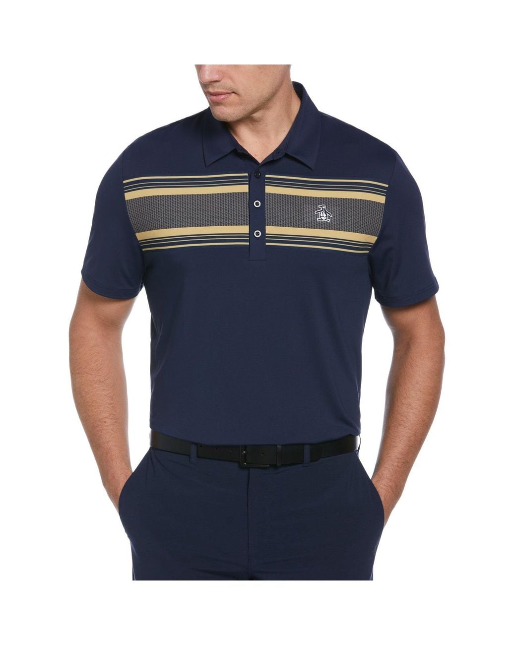 Original Penguin Blue Jack Heritage Stripe Print Short Sleeve Golf Polo Shirt In Black Iris for men