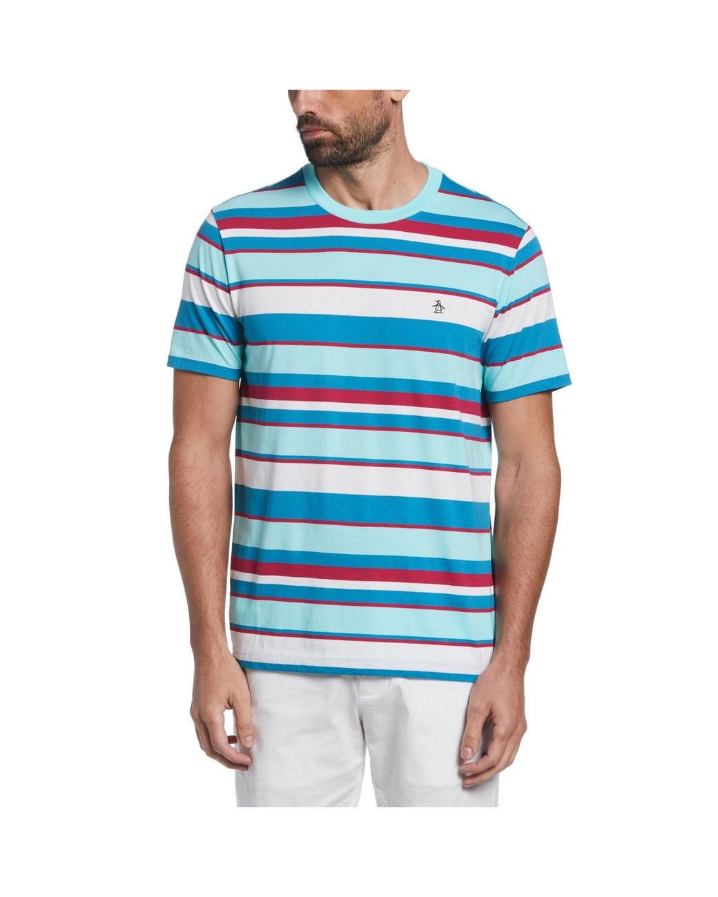 Original Penguin Multi Stripe Jersey Organic Cotton T-shirt In Aruba Blue for men