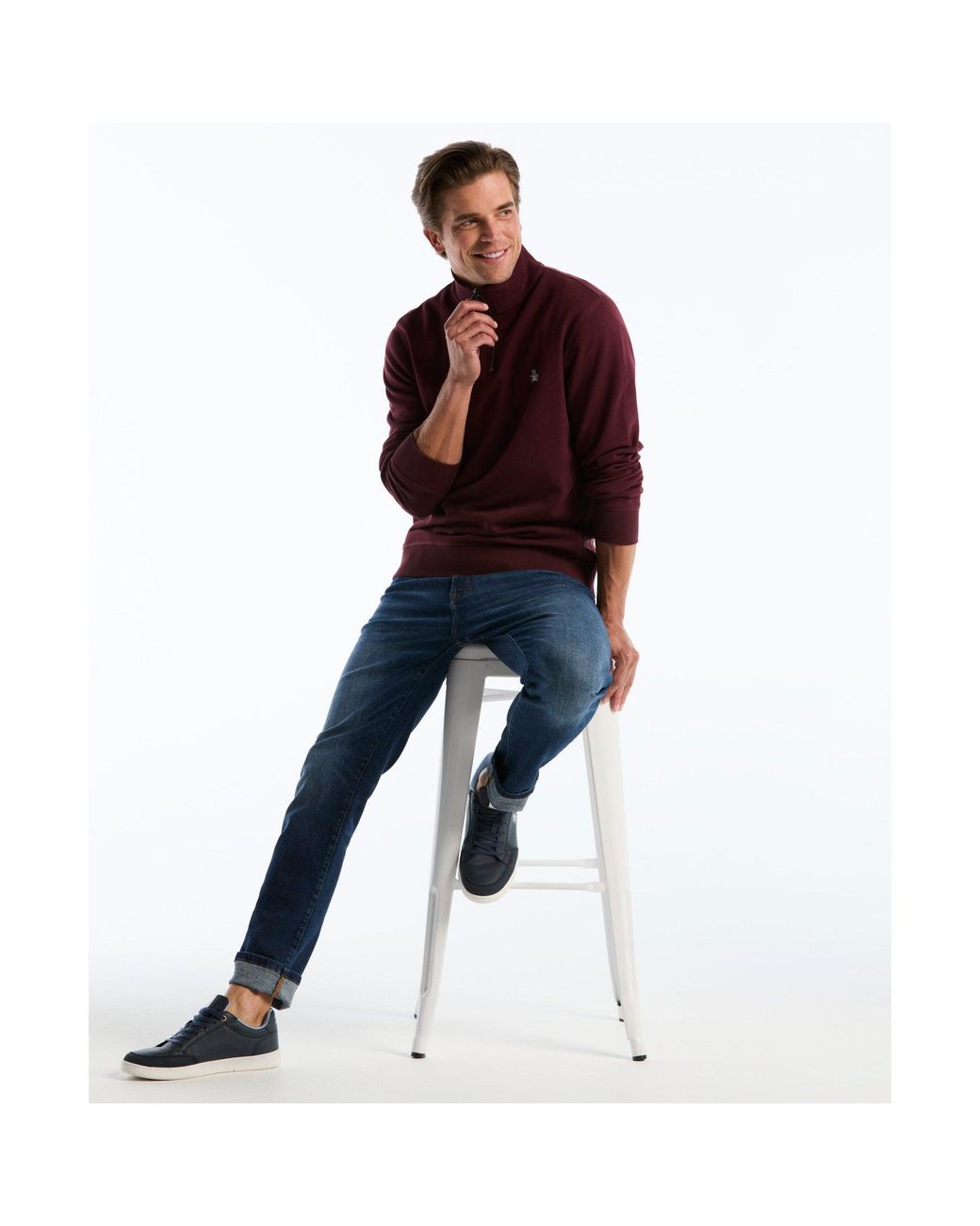Original Penguin Red Sticker Pete Quarter Zip Sweatshirt In Port Royale for men