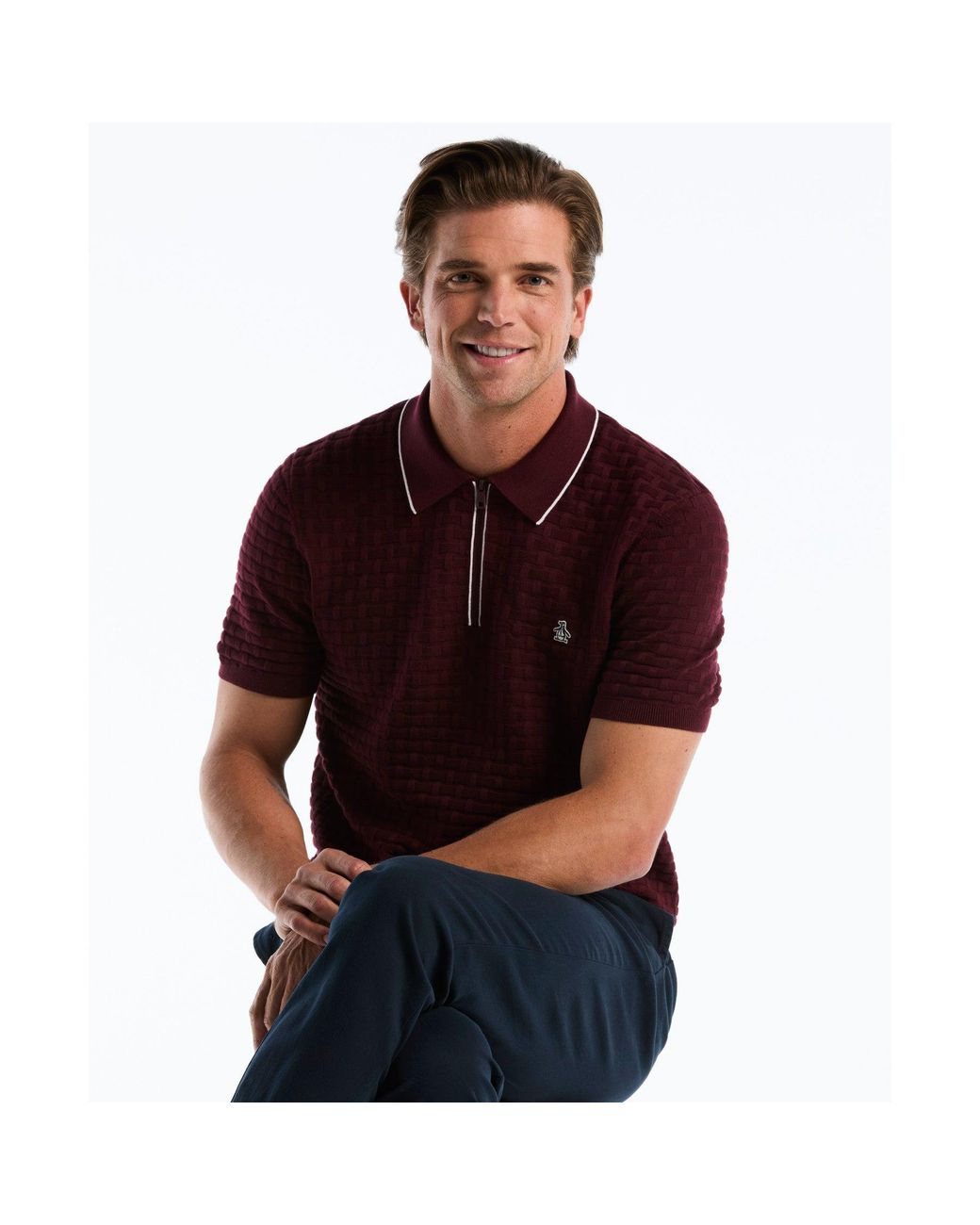Original Penguin Red Links Stitch Quarter Zip Sweater Polo In Port Royale for men