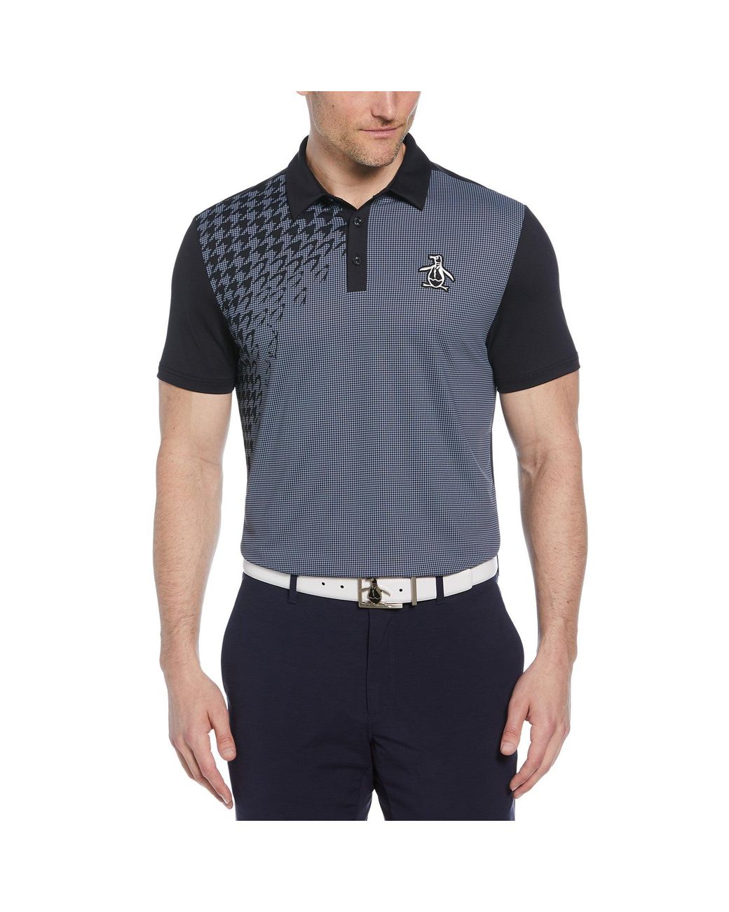 Original Penguin Blue Asymmetrical Pete Gingham Colour Block Golf Polo Shirt In Caviar for men