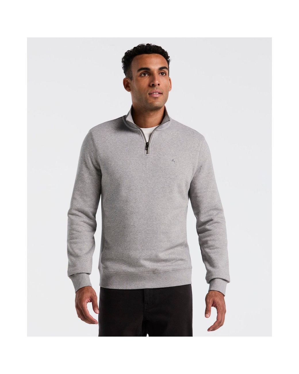 Original Penguin Gray Sticker Pete Quarter Zip Sweatshirt In Rain Heather for men