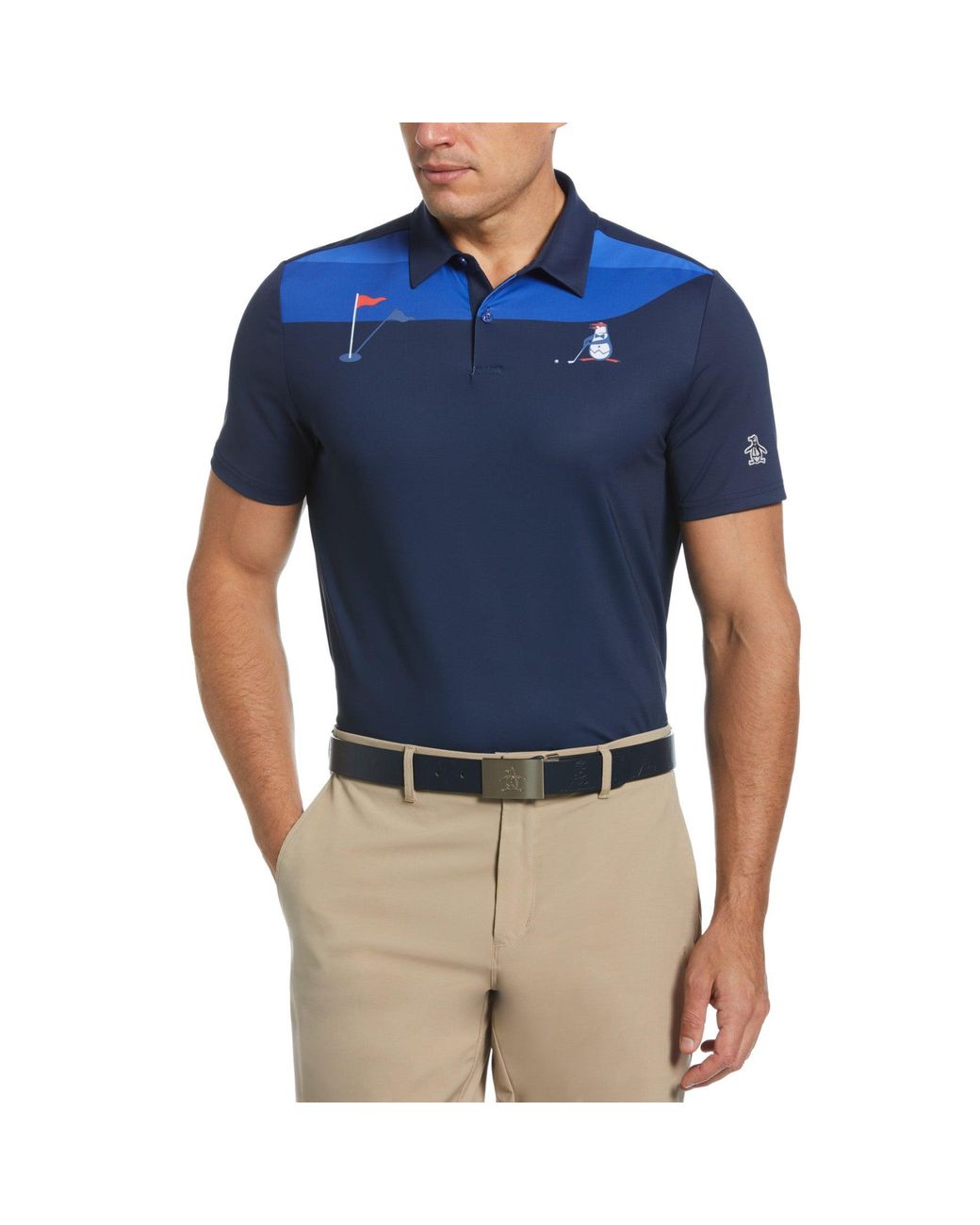 Original Penguin Blue Pete On The Green Block Print Golf Polo Shirt In Black Iris for men