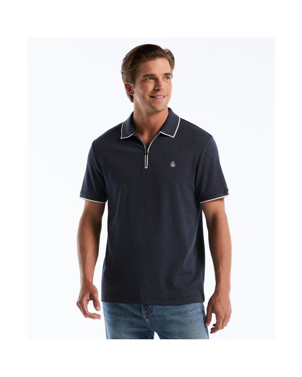 Original Penguin Blue Interlock 1/4 Zip Tipped Polo In Dark Sapphire Heather for men