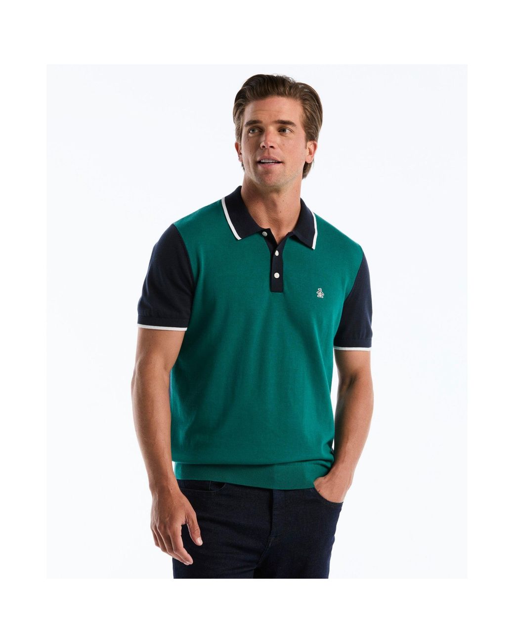 Original Penguin Green Colourblock Sweater Polo In Storm for men