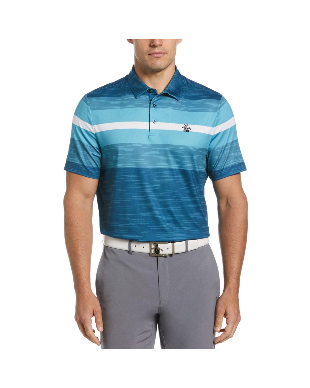 Original Penguin Blue Colour Block Engineered Marl Stripe Golf Polo Shirt In Corsair for men