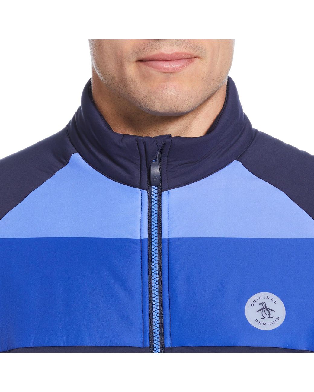 Original Penguin Blue Mixed Media Colour Blocked Insulated Full Zip Golf Jacket In Black Iris for men