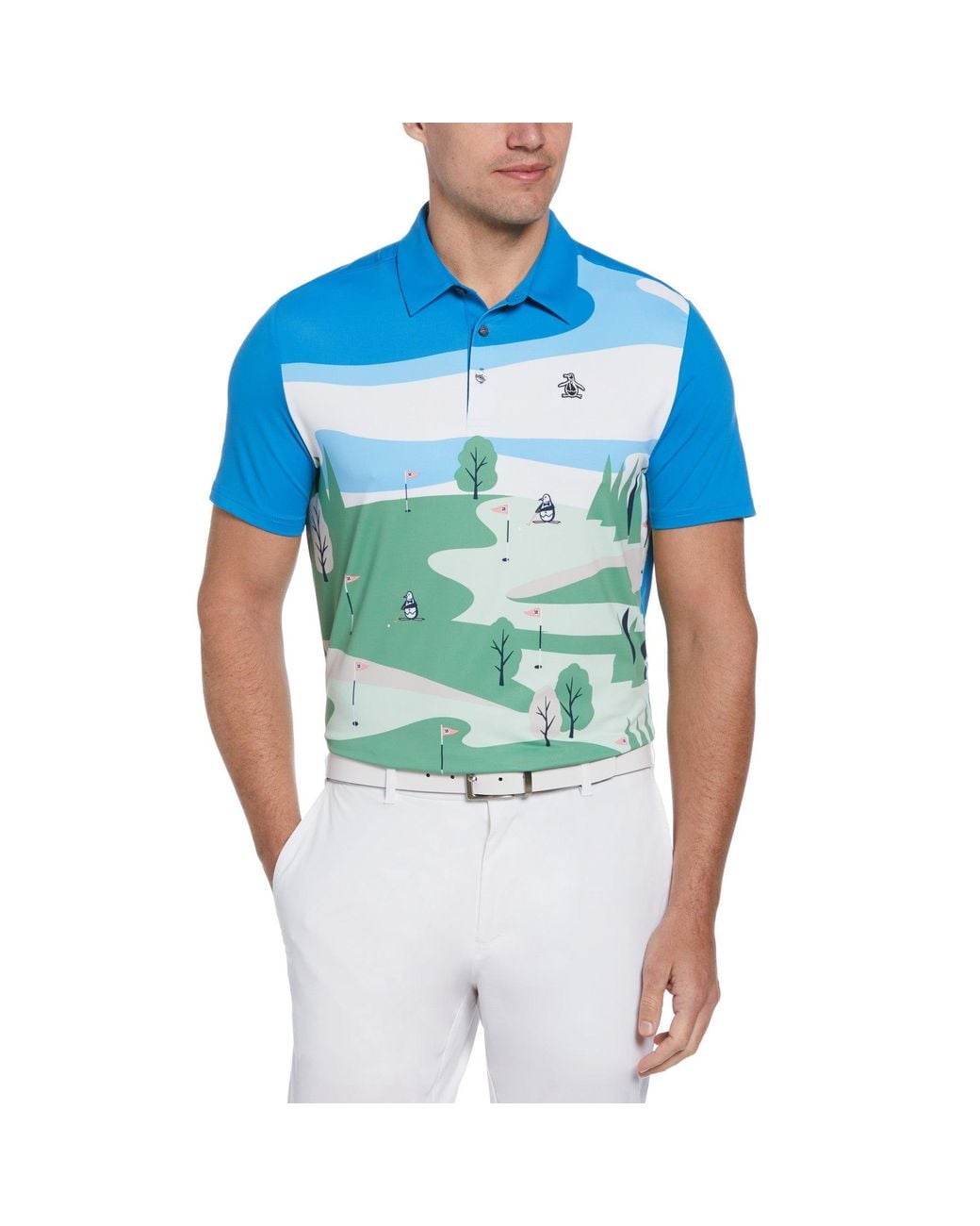 Original Penguin Pete On The Course Print Short Sleeve Golf Polo Shirt In Mediterranean Blue for men
