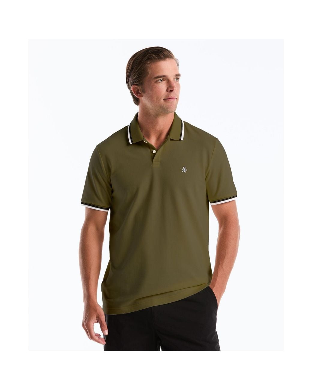 Original Penguin Green Tipped Pique Polo In Dusty Olive for men
