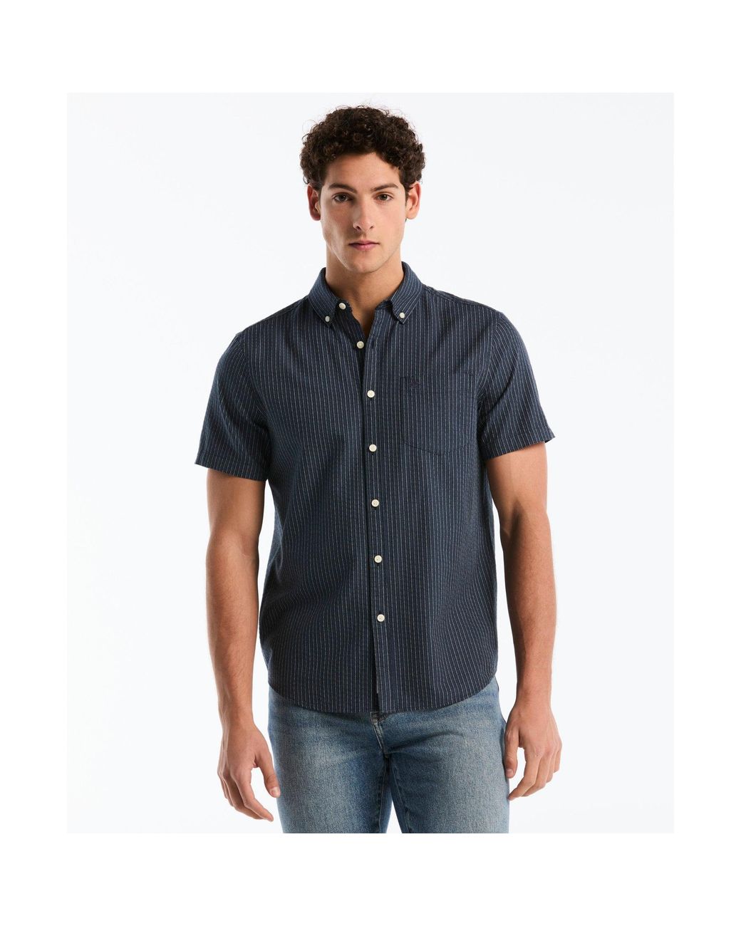 Original Penguin Blue Dobby Striped Short Sleeve Shirt In Dark Sapphire for men