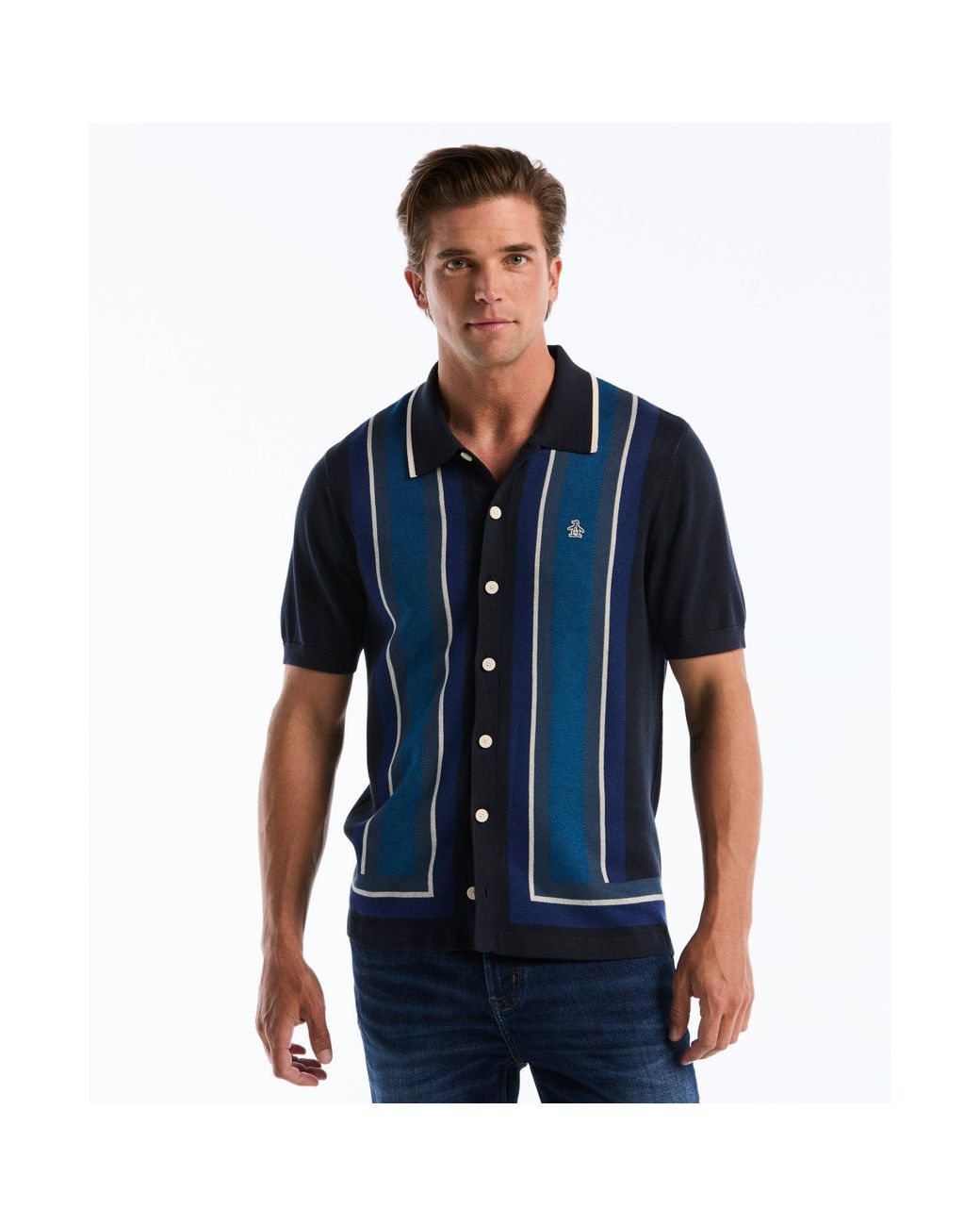 Original Penguin Blue Jacquard Blend Button-up Sweater Polo In Dark Sapphire for men