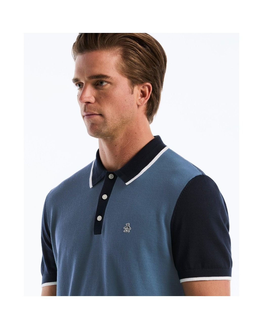 Original Penguin Blue Colourblock Sweater Polo In Dark Sapphire for men