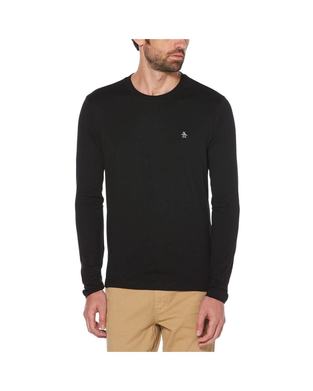 Original Penguin Pin Point Long Sleeve Embroidered Logo Organic Cotton T-shirt In True Black for men