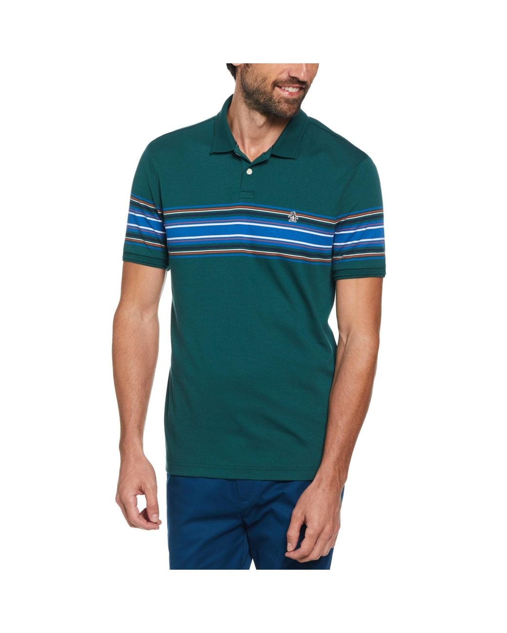 Original Penguin Green Chest Stripe Interlock Polo Shirt In June Bug for men