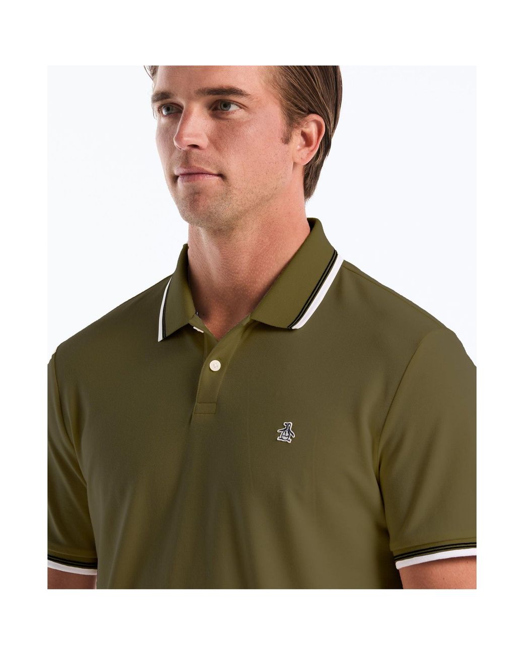 Original Penguin Green Tipped Pique Polo In Dusty Olive for men