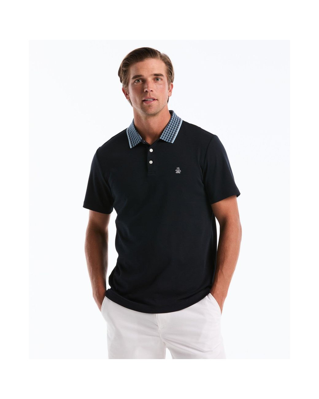 Original Penguin Black Interlock Striped Collar Polo Shirt In Dark Sapphire for men