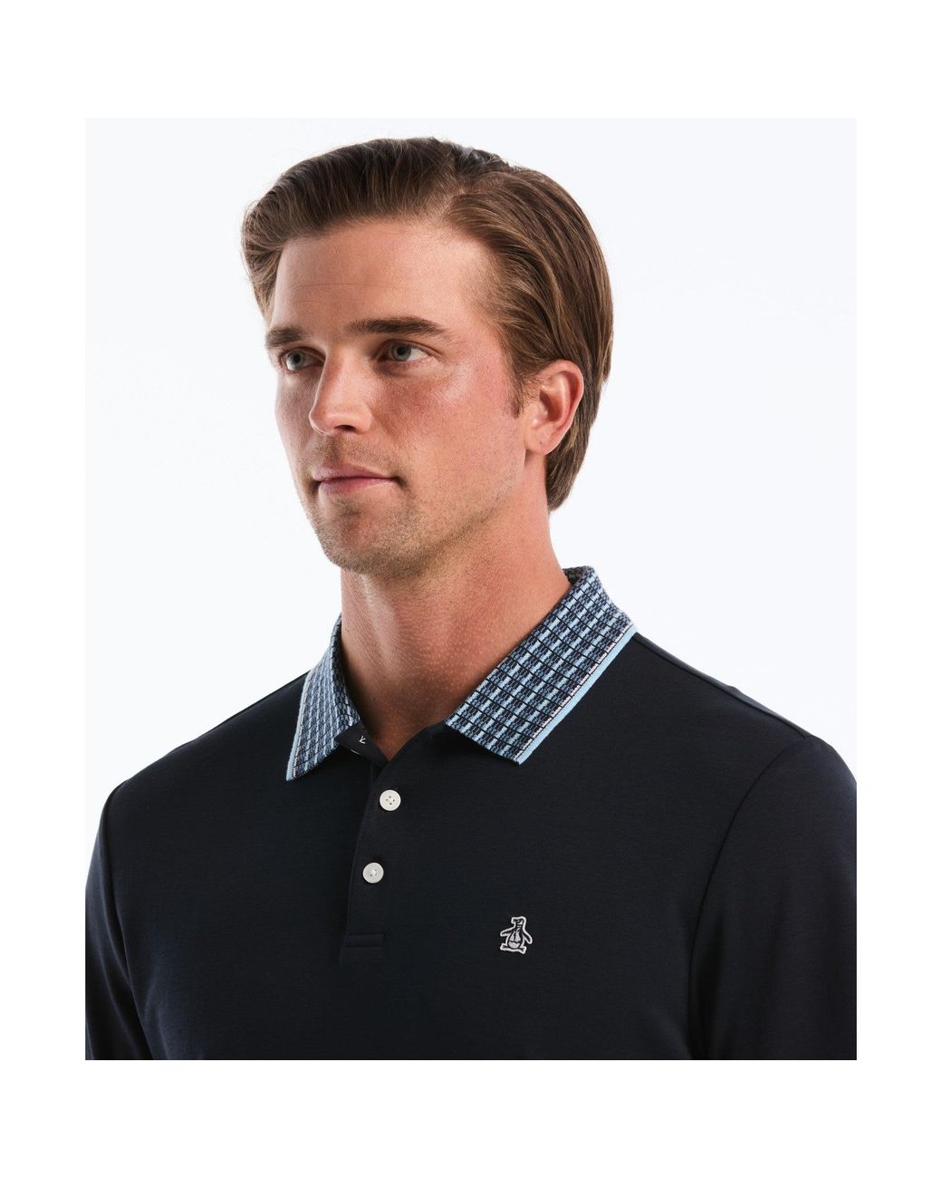Original Penguin Black Interlock Striped Collar Polo Shirt In Dark Sapphire for men