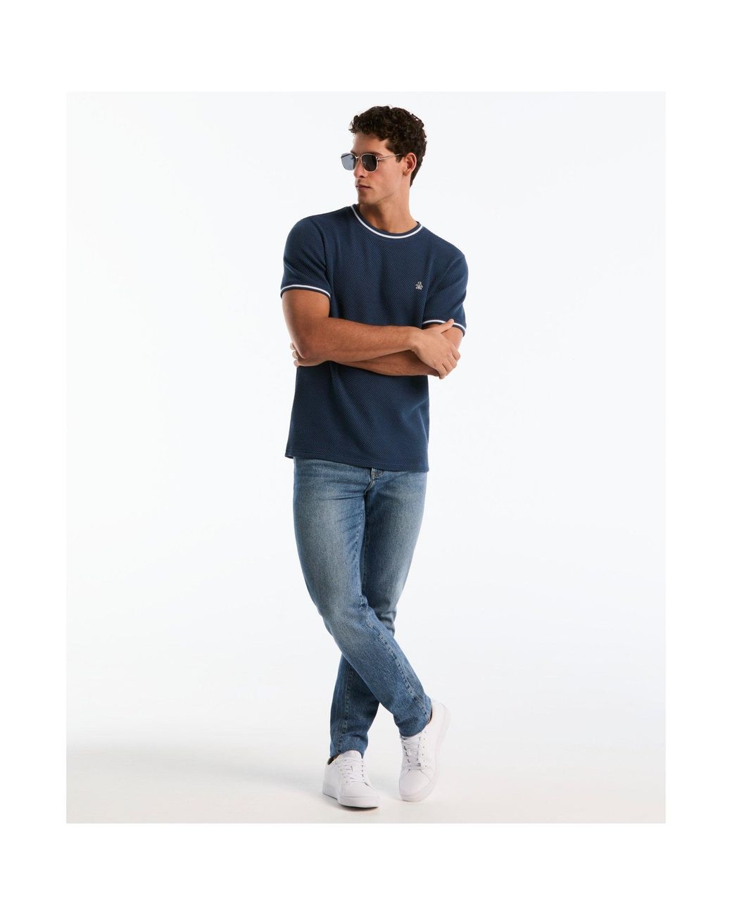 Original Penguin Blue Jacquard Honeycomb Texture T-shirt In Sargasso Sea for men