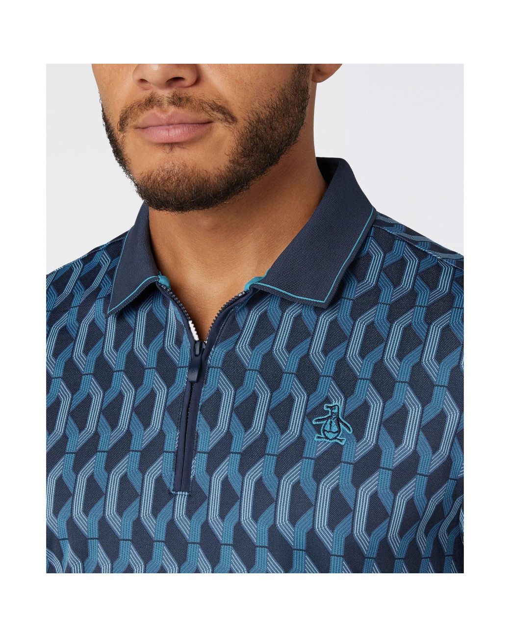Original Penguin Blue Heritage Jacquard Colour Block Golf Polo In Black Iris for men