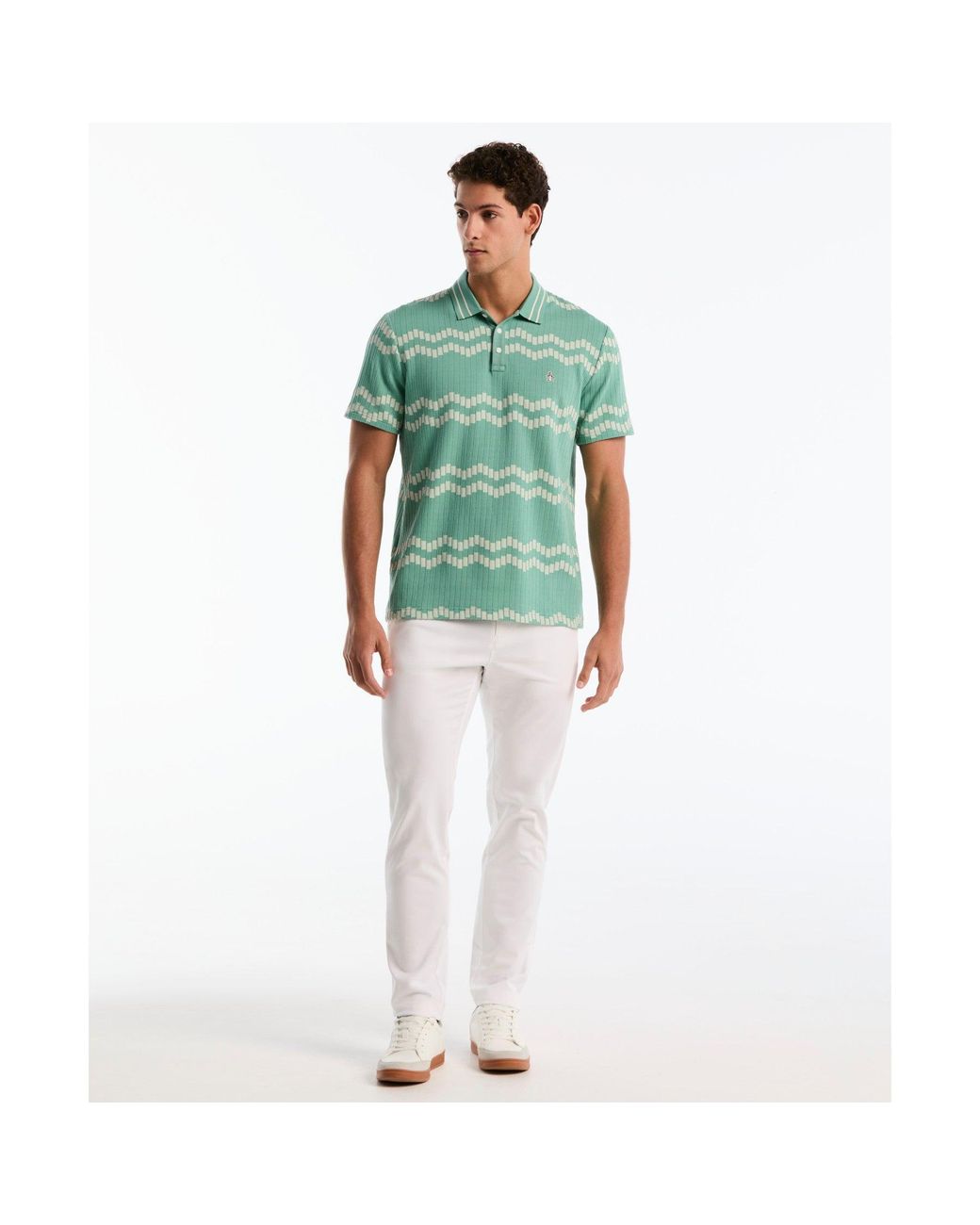Original Penguin Jacquard Wavy Tiles Polo Shirt In Beryl Green for men