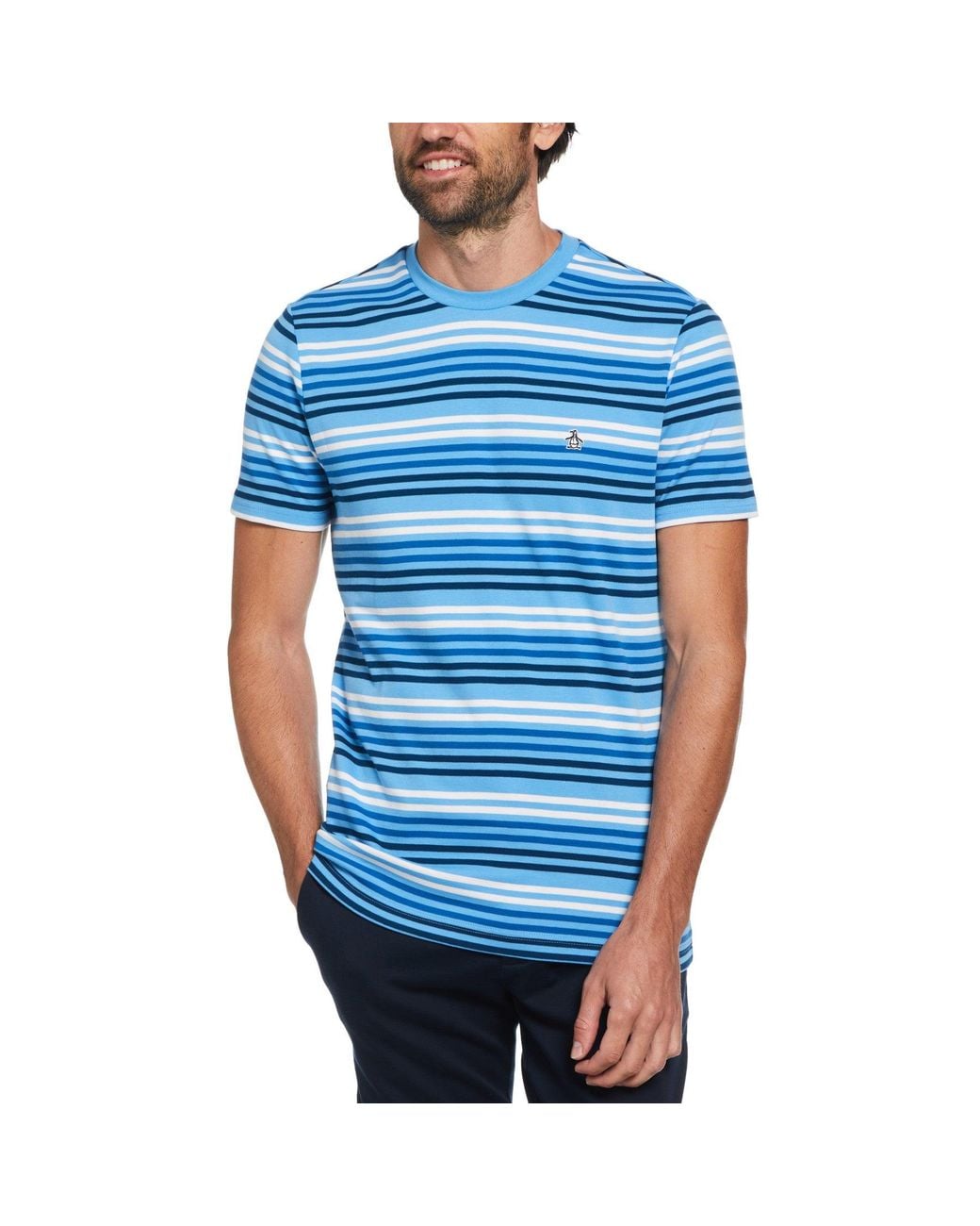 Original Penguin Short Sleeve Interlock Engineered Stripe T-shirt In Azure Blue for men