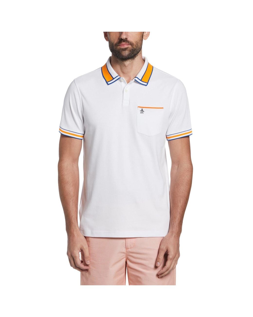 Original Penguin White Organic Cotton Stripe Collar Polo for men