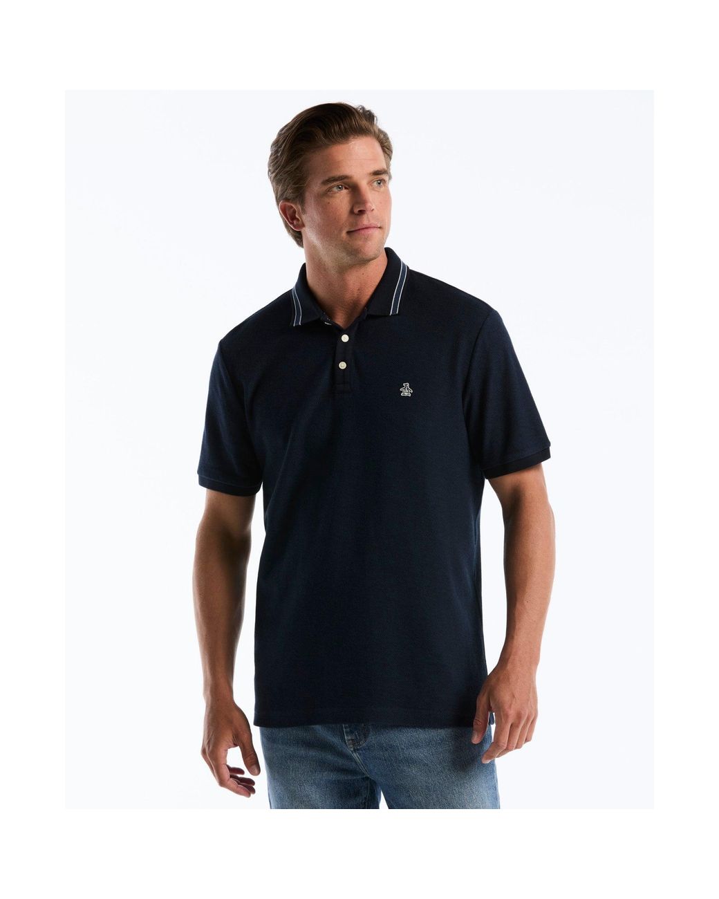 Original Penguin Blue Honeycomb Jacquard Tipped Polo In Dark Sapphire for men