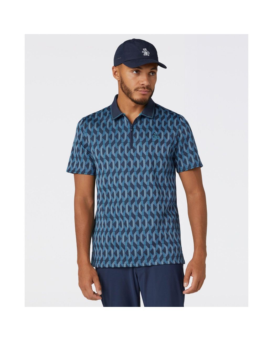 Original Penguin Blue Heritage Jacquard Colour Block Golf Polo In Black Iris for men