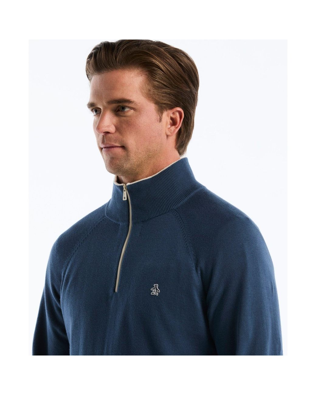 Original Penguin Blue Cotton Textured Quarter Zip Sweater In Sargasso Sea for men