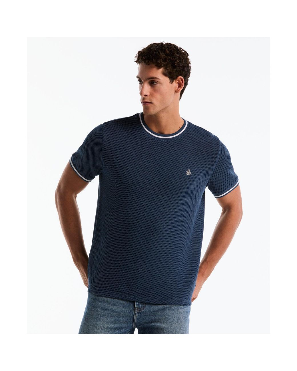 Original Penguin Blue Jacquard Honeycomb Texture T-shirt In Sargasso Sea for men